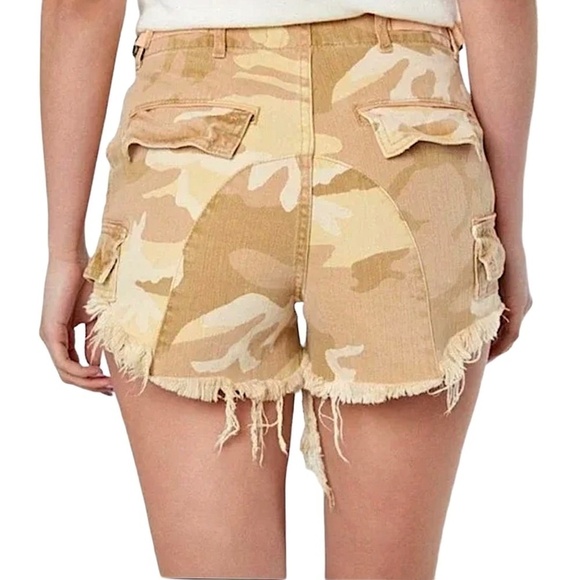 WE THE FREE Free People Commando Yellow Camo Denim Cargo Utility Frayed Shorts - Picture 4 of 9